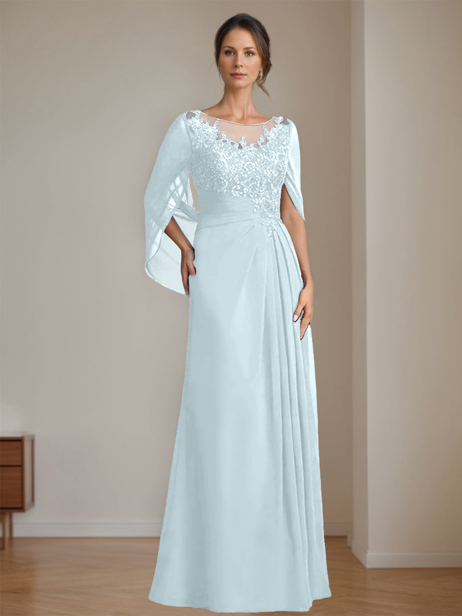 Long A Line Mother of the Bride Dress with Scoop Neckline Pleated & Sequins
