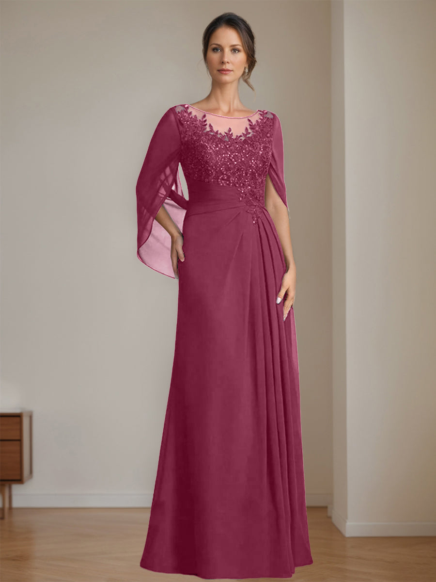 Long A Line Mother of the Bride Dress with Scoop Neckline Pleated & Sequins