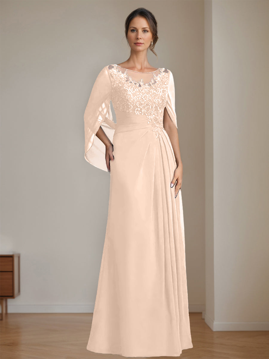 Long A Line Mother of the Bride Dress with Scoop Neckline Pleated & Sequins