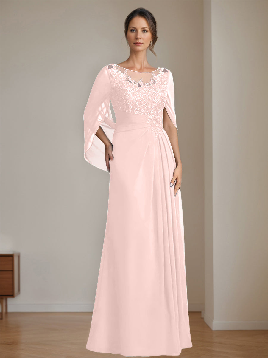 Long A Line Mother of the Bride Dress with Scoop Neckline Pleated & Sequins