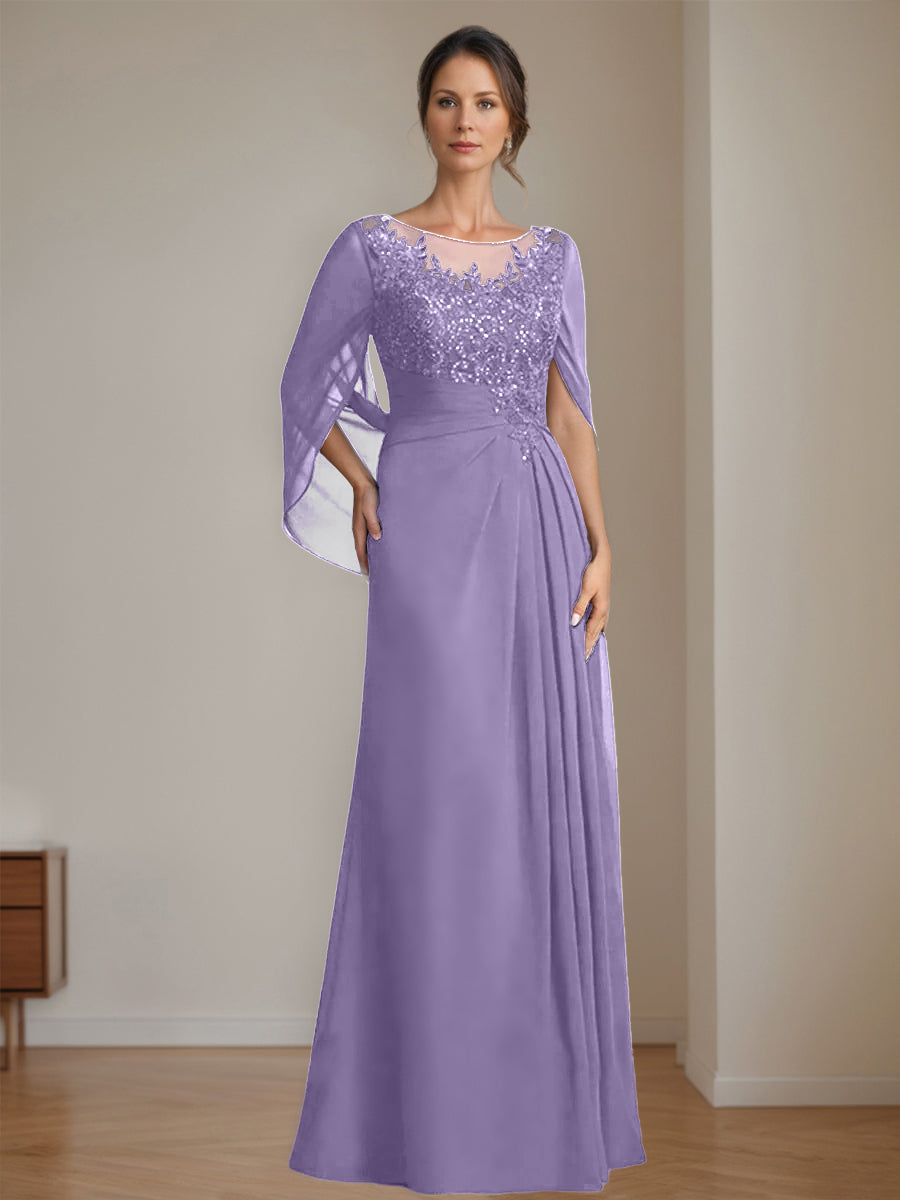 Long A Line Mother of the Bride Dress with Scoop Neckline Pleated & Sequins