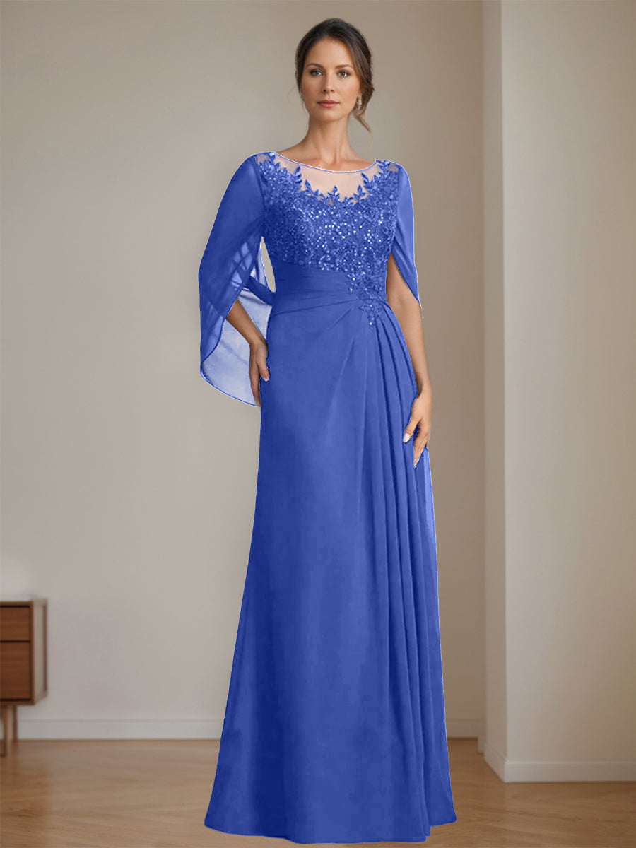 Long A Line Mother of the Bride Dress with Scoop Neckline Pleated & Sequins