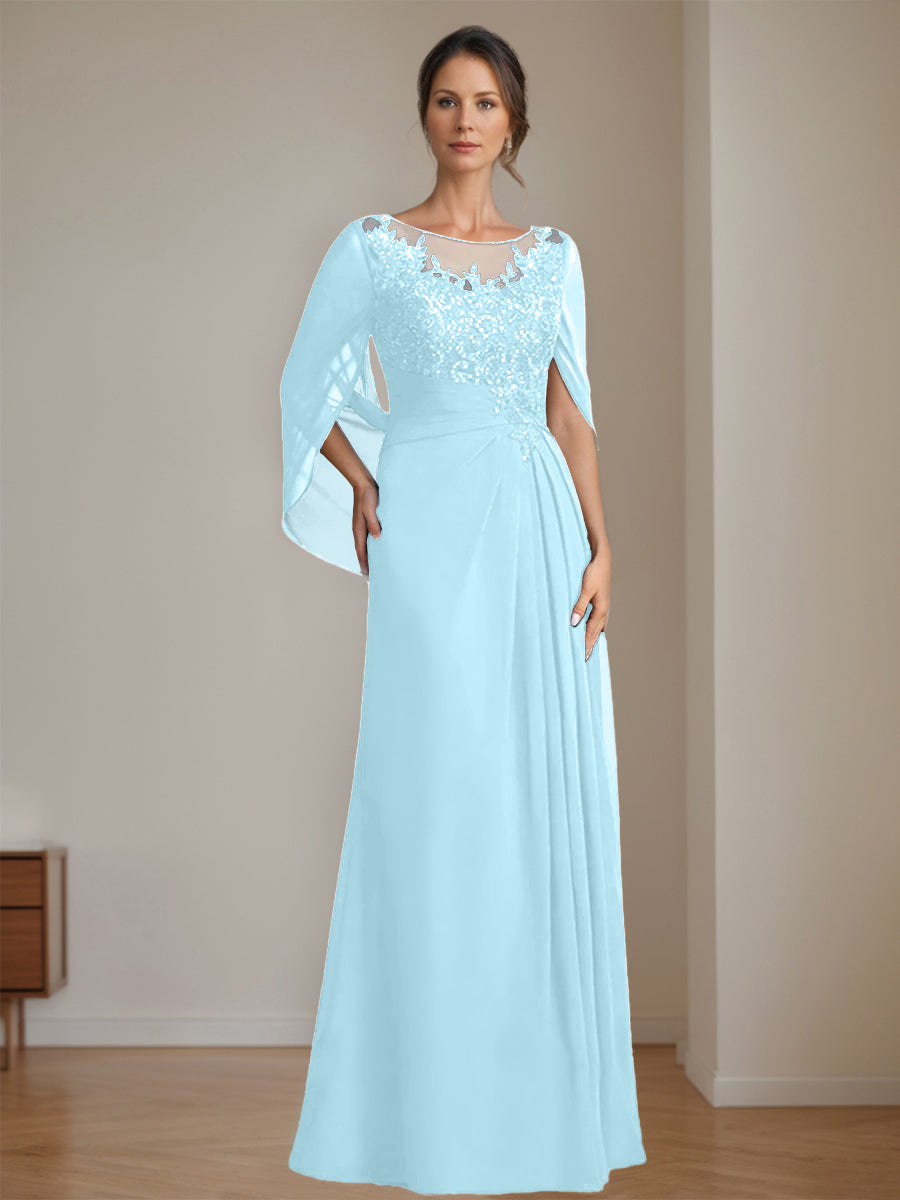 Long A Line Mother of the Bride Dress with Scoop Neckline Pleated & Sequins