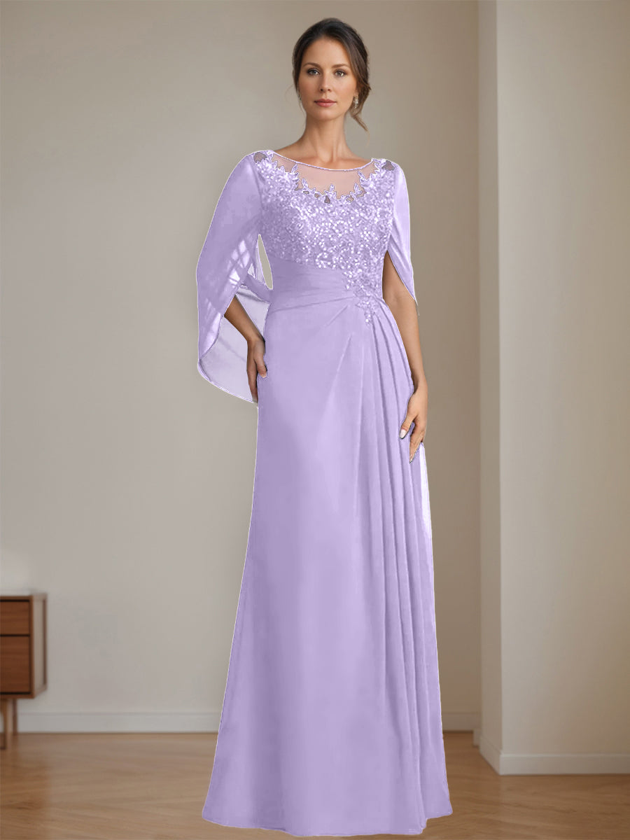 Long A Line Mother of the Bride Dress with Scoop Neckline Pleated & Sequins