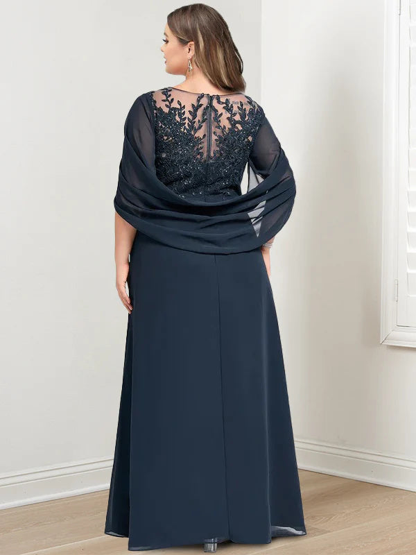 Long A Line Mother of the Bride Dress with Scoop Neckline Pleated & Sequins