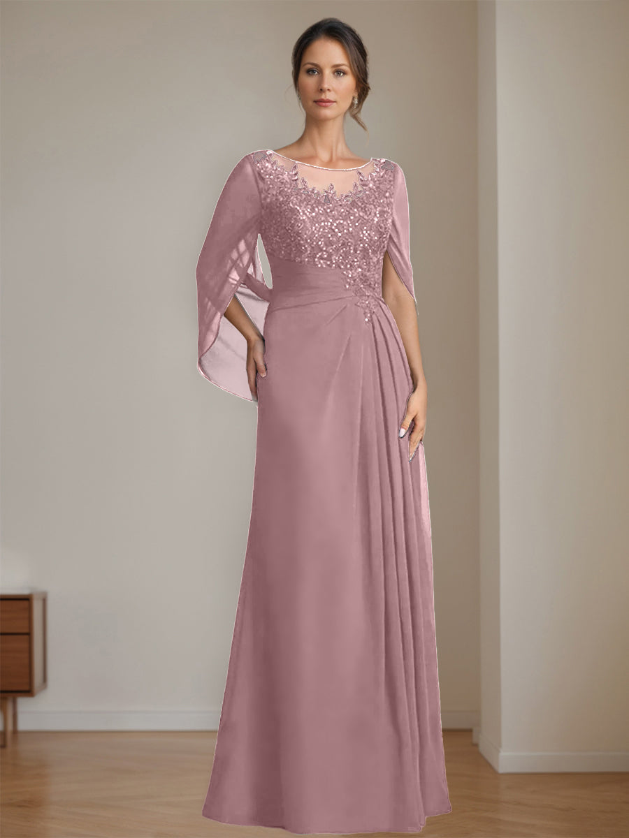 Long A Line Mother of the Bride Dress with Scoop Neckline Pleated & Sequins