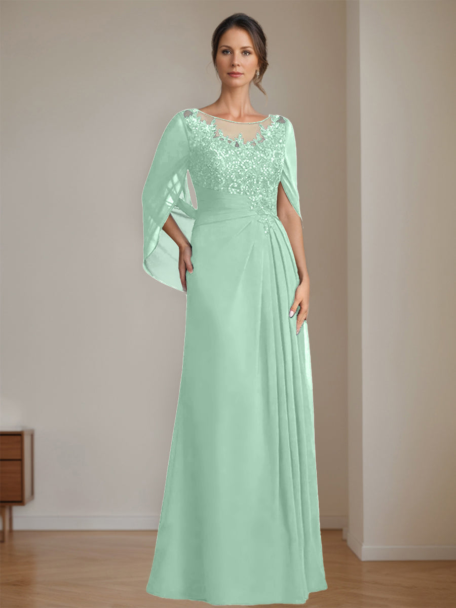 Long A Line Mother of the Bride Dress with Scoop Neckline Pleated & Sequins
