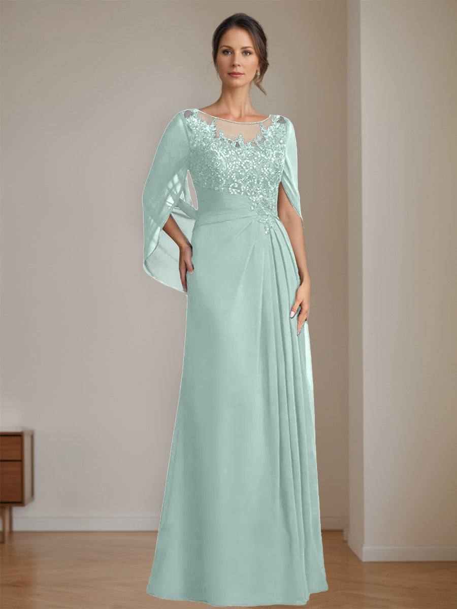 Long A Line Mother of the Bride Dress with Scoop Neckline Pleated & Sequins