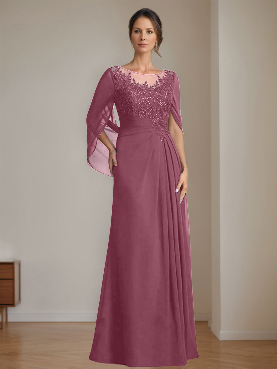 Long A Line Mother of the Bride Dress with Scoop Neckline Pleated & Sequins