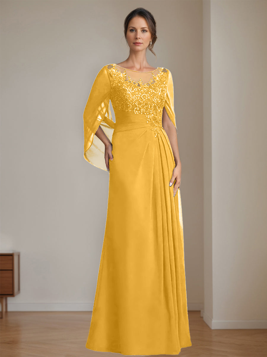 Long A Line Mother of the Bride Dress with Scoop Neckline Pleated & Sequins