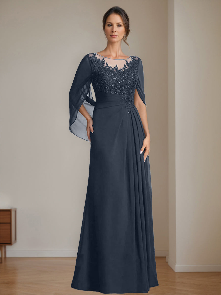 Long A Line Mother of the Bride Dress with Scoop Neckline Pleated & Sequins