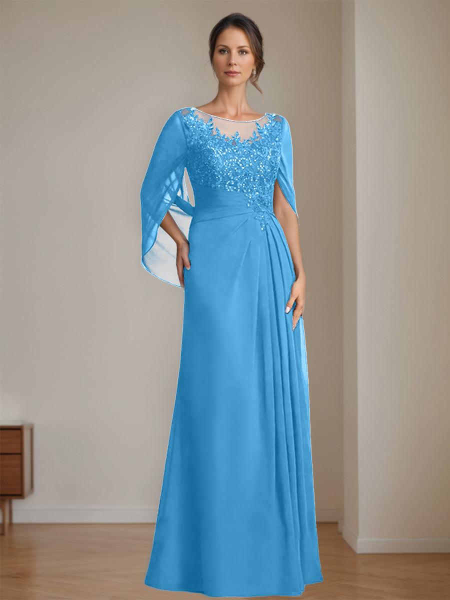 Long A Line Mother of the Bride Dress with Scoop Neckline Pleated & Sequins