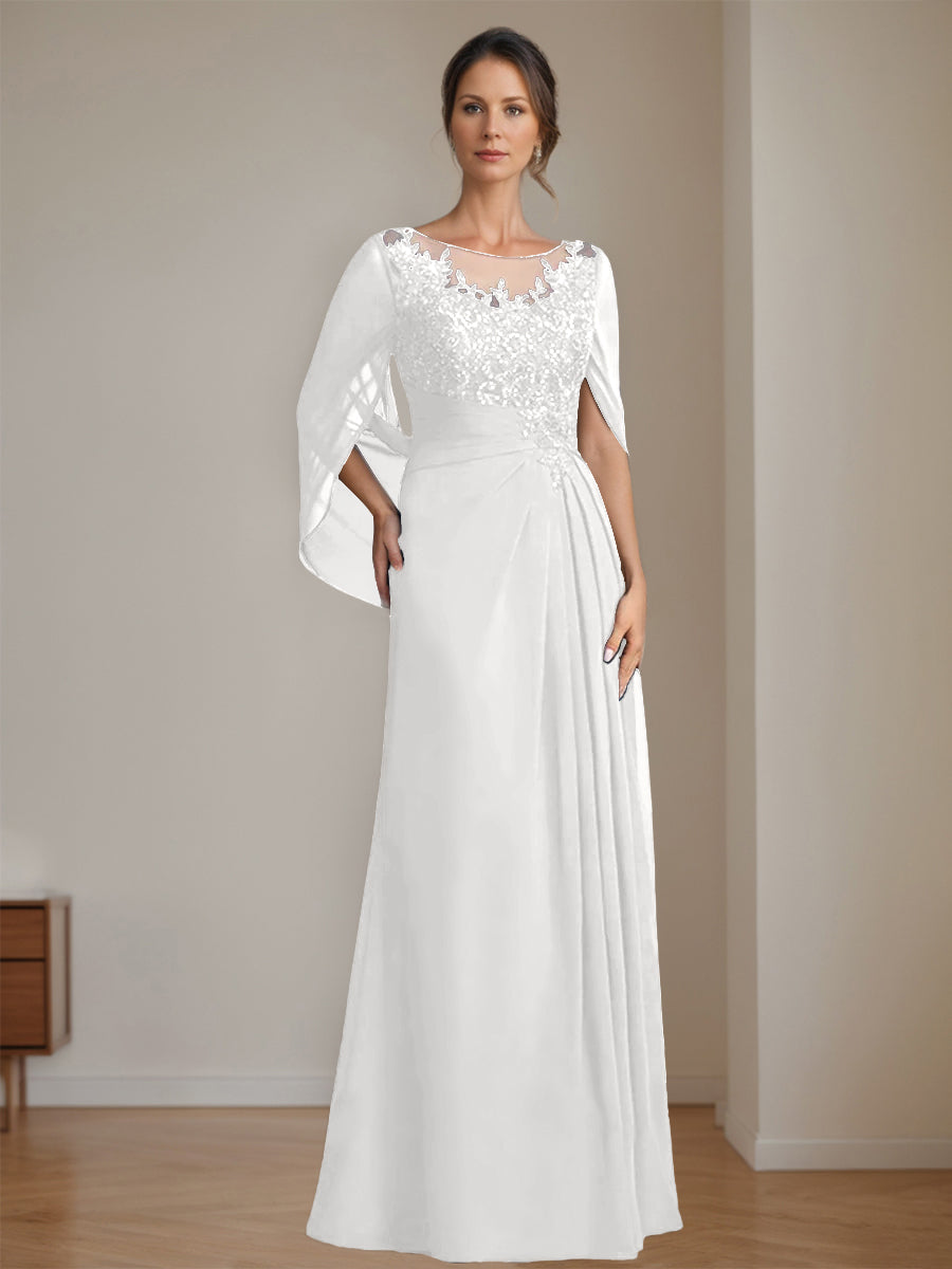 Long A Line Mother of the Bride Dress with Scoop Neckline Pleated & Sequins