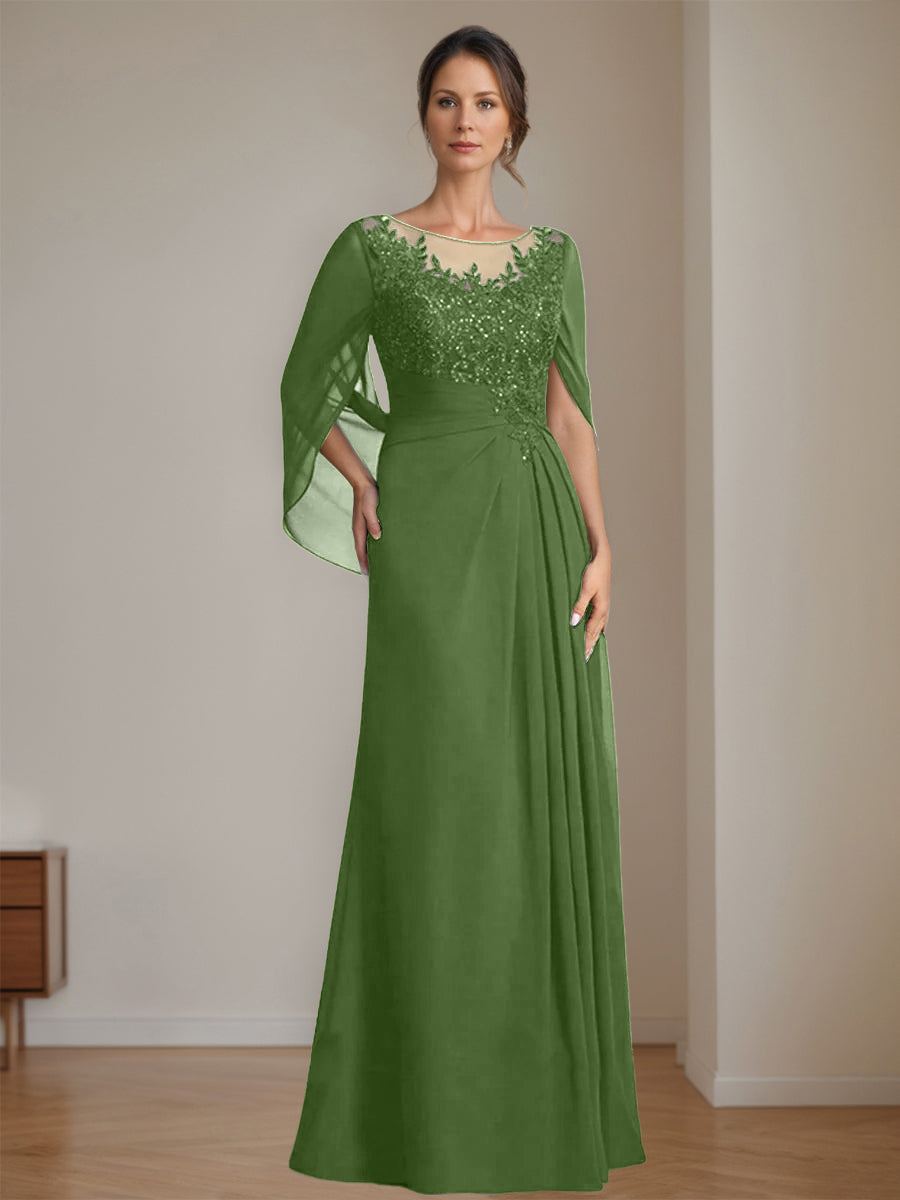 Long A Line Mother of the Bride Dress with Scoop Neckline Pleated & Sequins