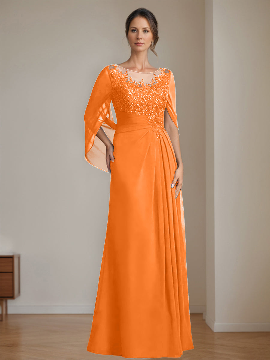 Long A Line Mother of the Bride Dress with Scoop Neckline Pleated & Sequins