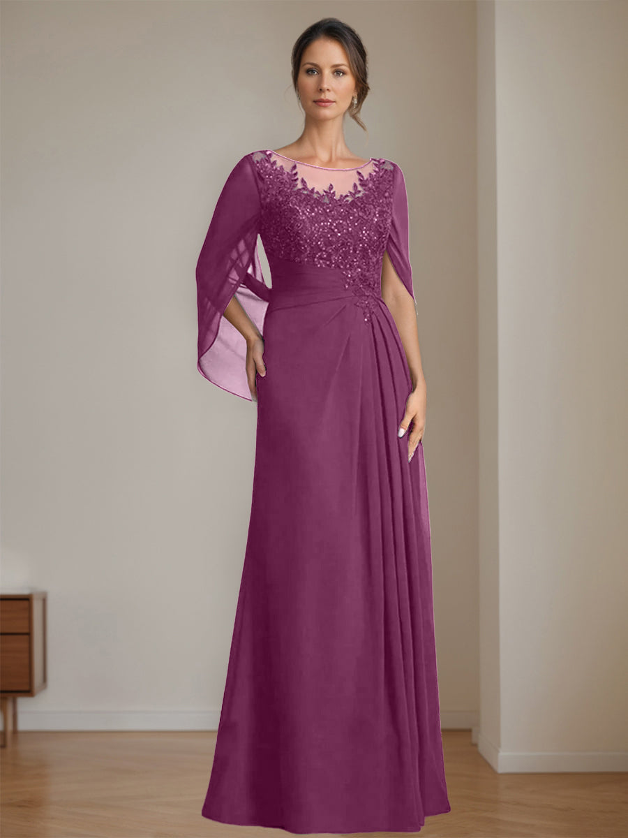 Long A Line Mother of the Bride Dress with Scoop Neckline Pleated & Sequins