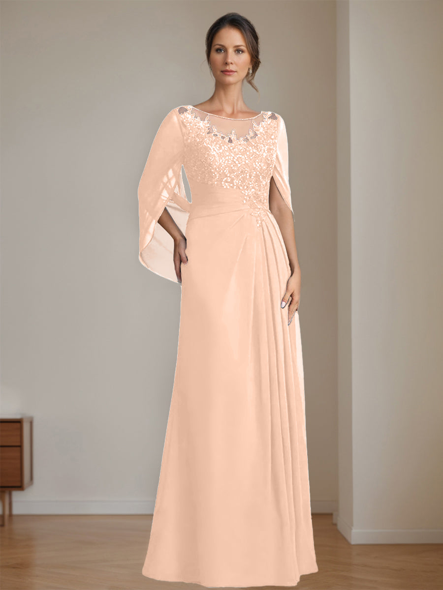 Long A Line Mother of the Bride Dress with Scoop Neckline Pleated & Sequins