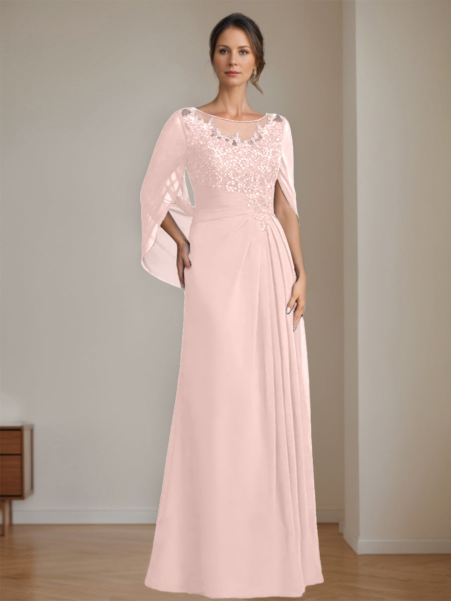 Long A Line Mother of the Bride Dress with Scoop Neckline Pleated & Sequins