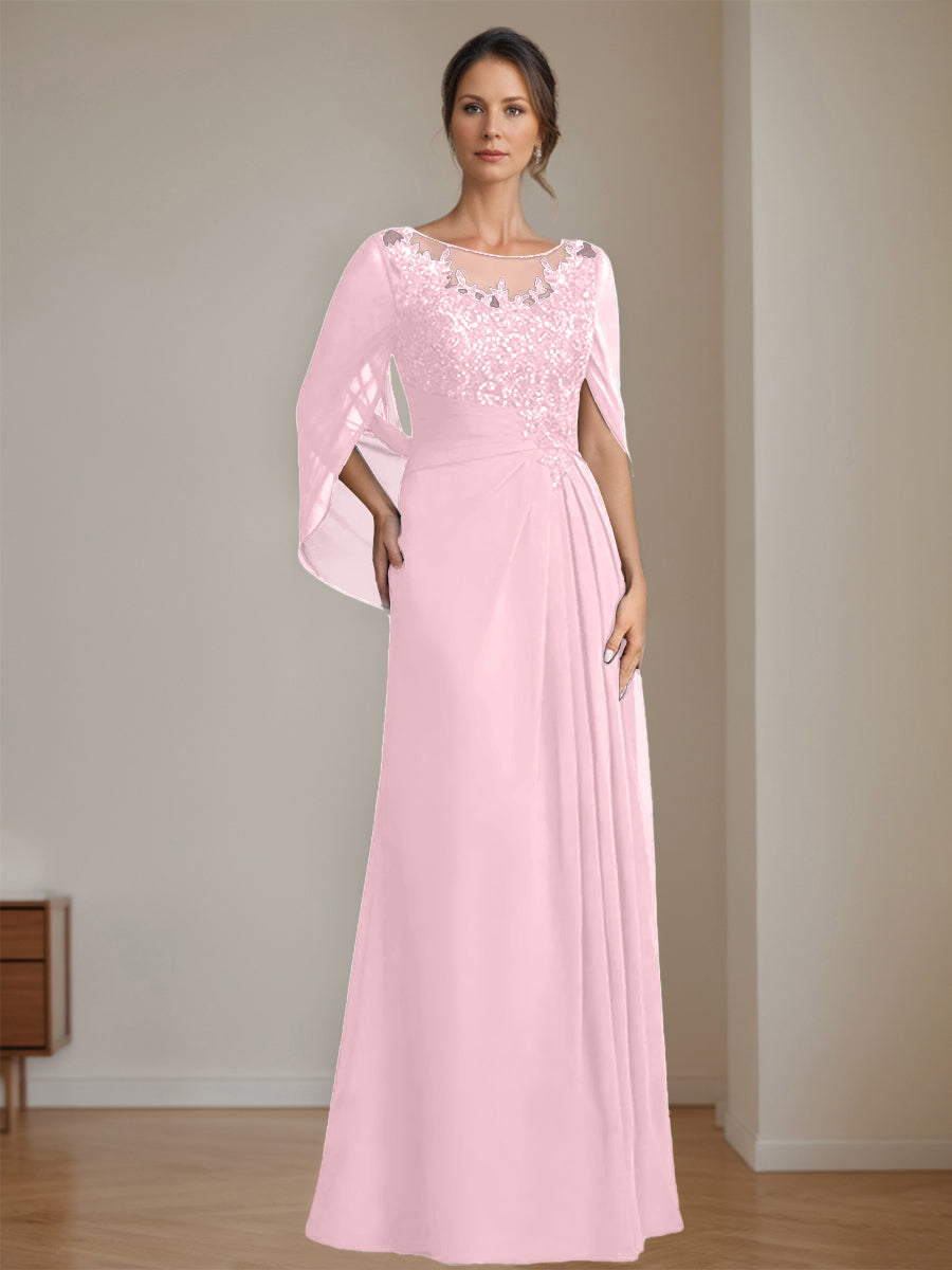 Long A Line Mother of the Bride Dress with Scoop Neckline Pleated & Sequins