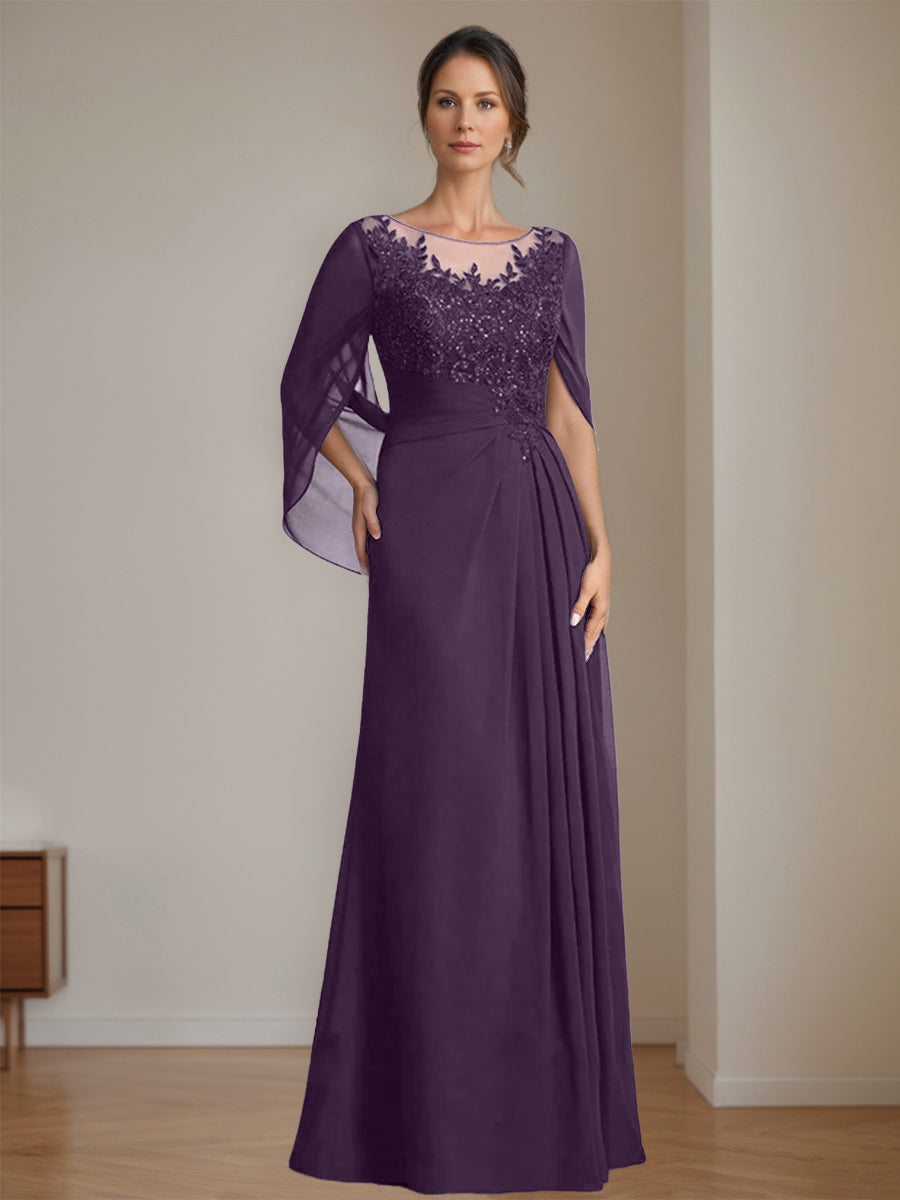 Long A Line Mother of the Bride Dress with Scoop Neckline Pleated & Sequins
