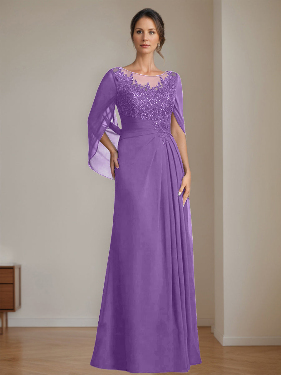 Long A Line Mother of the Bride Dress with Scoop Neckline Pleated & Sequins