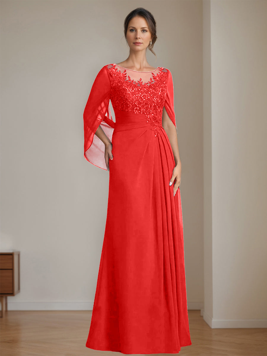 Long A Line Mother of the Bride Dress with Scoop Neckline Pleated & Sequins