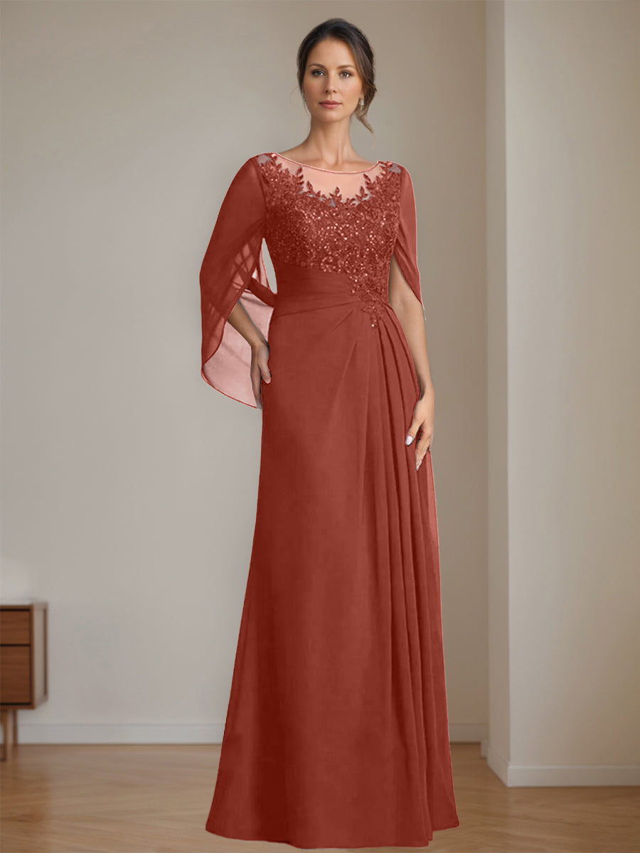 Long A Line Mother of the Bride Dress with Scoop Neckline Pleated & Sequins