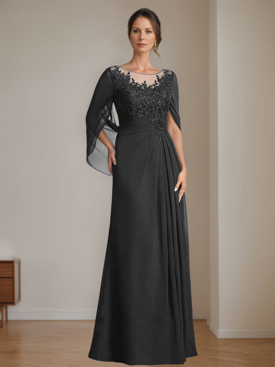 Long A Line Mother of the Bride Dress with Scoop Neckline Pleated & Sequins