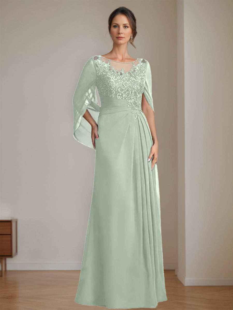 Long A Line Mother of the Bride Dress with Scoop Neckline Pleated & Sequins