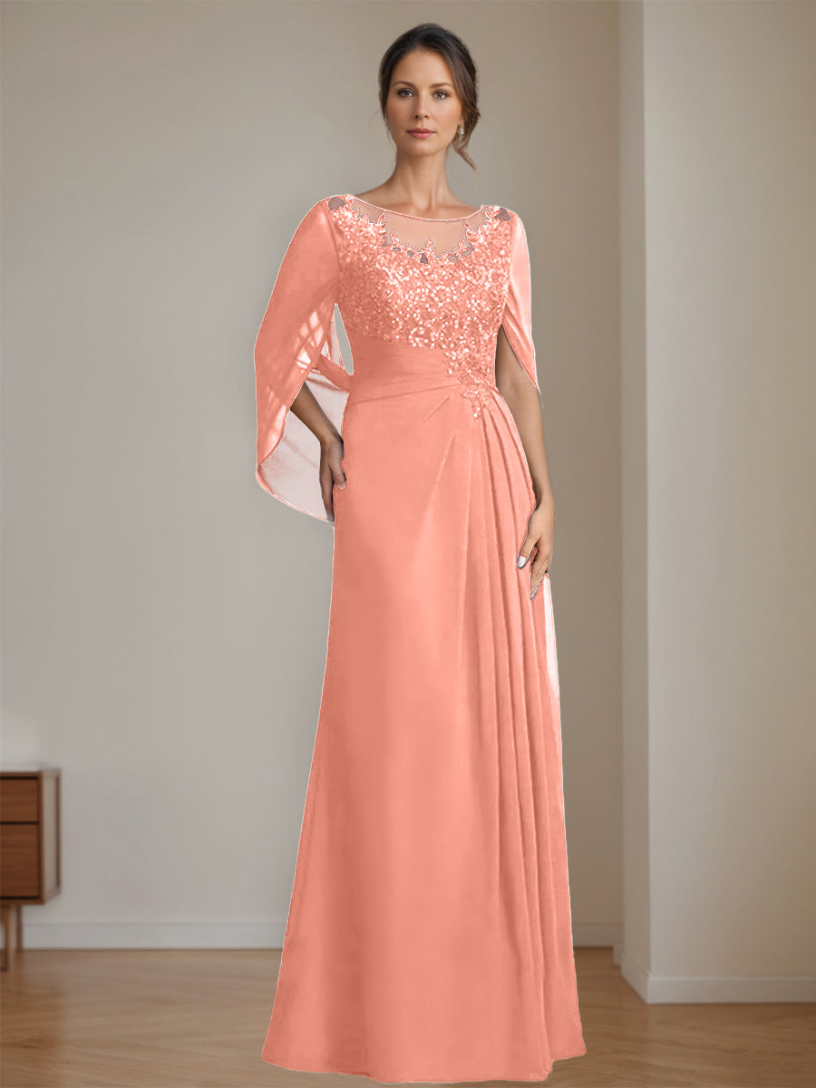 Long A Line Mother of the Bride Dress with Scoop Neckline Pleated & Sequins