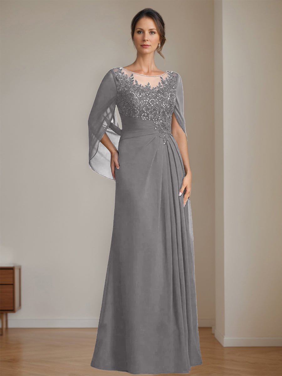 Long A Line Mother of the Bride Dress with Scoop Neckline Pleated & Sequins
