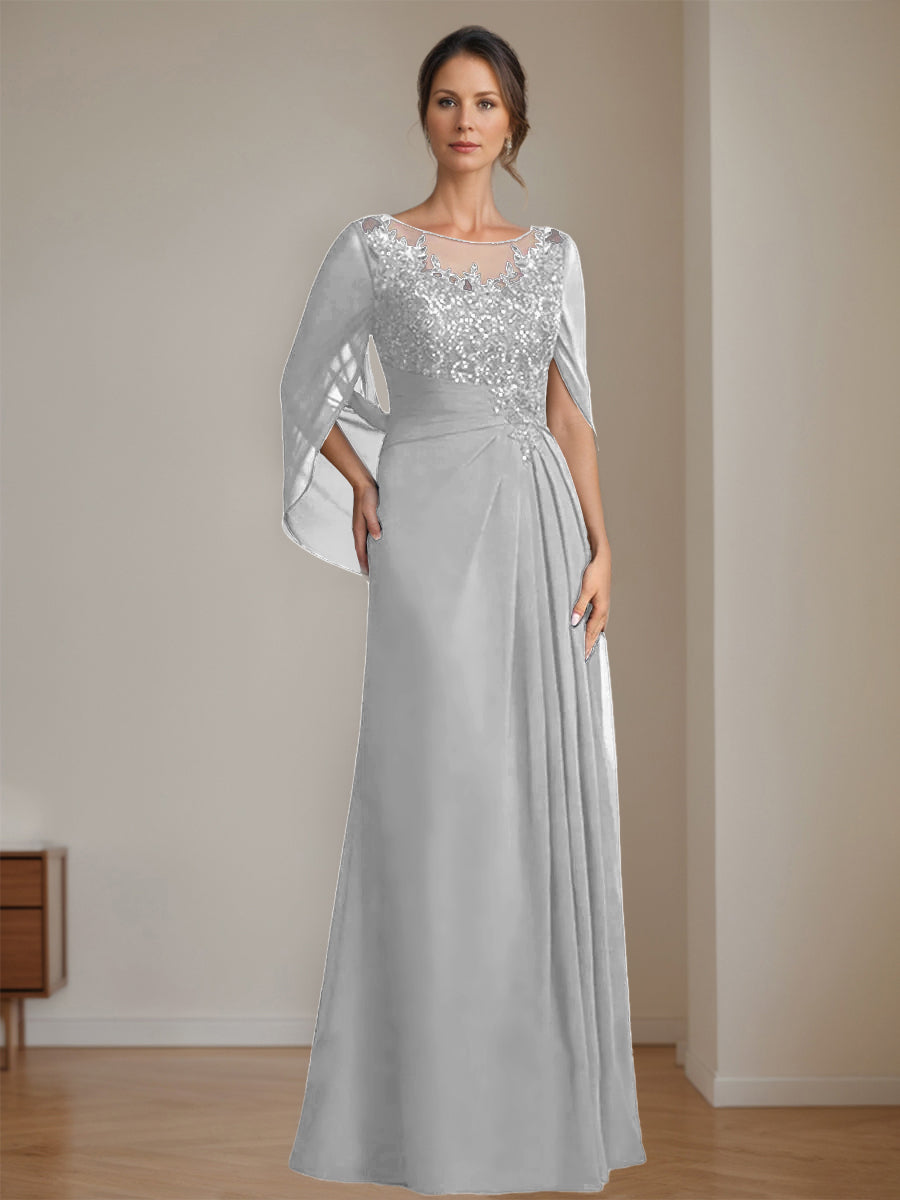 Long A Line Mother of the Bride Dress with Scoop Neckline Pleated & Sequins