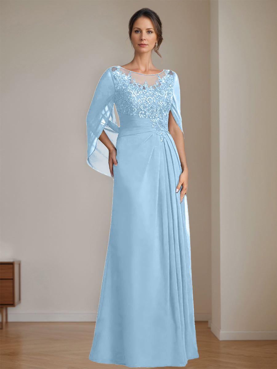 Long A Line Mother of the Bride Dress with Scoop Neckline Pleated & Sequins