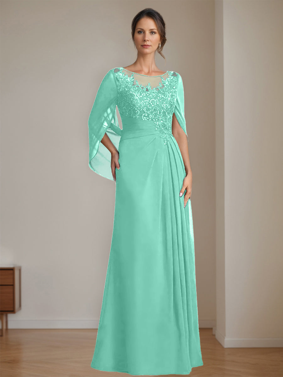 Long A Line Mother of the Bride Dress with Scoop Neckline Pleated & Sequins