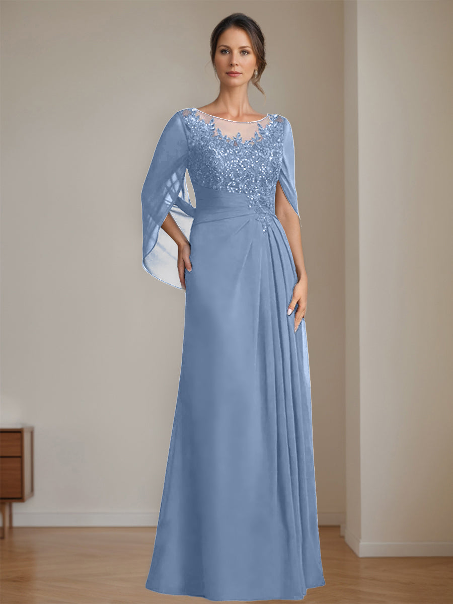 Long A Line Mother of the Bride Dress with Scoop Neckline Pleated & Sequins