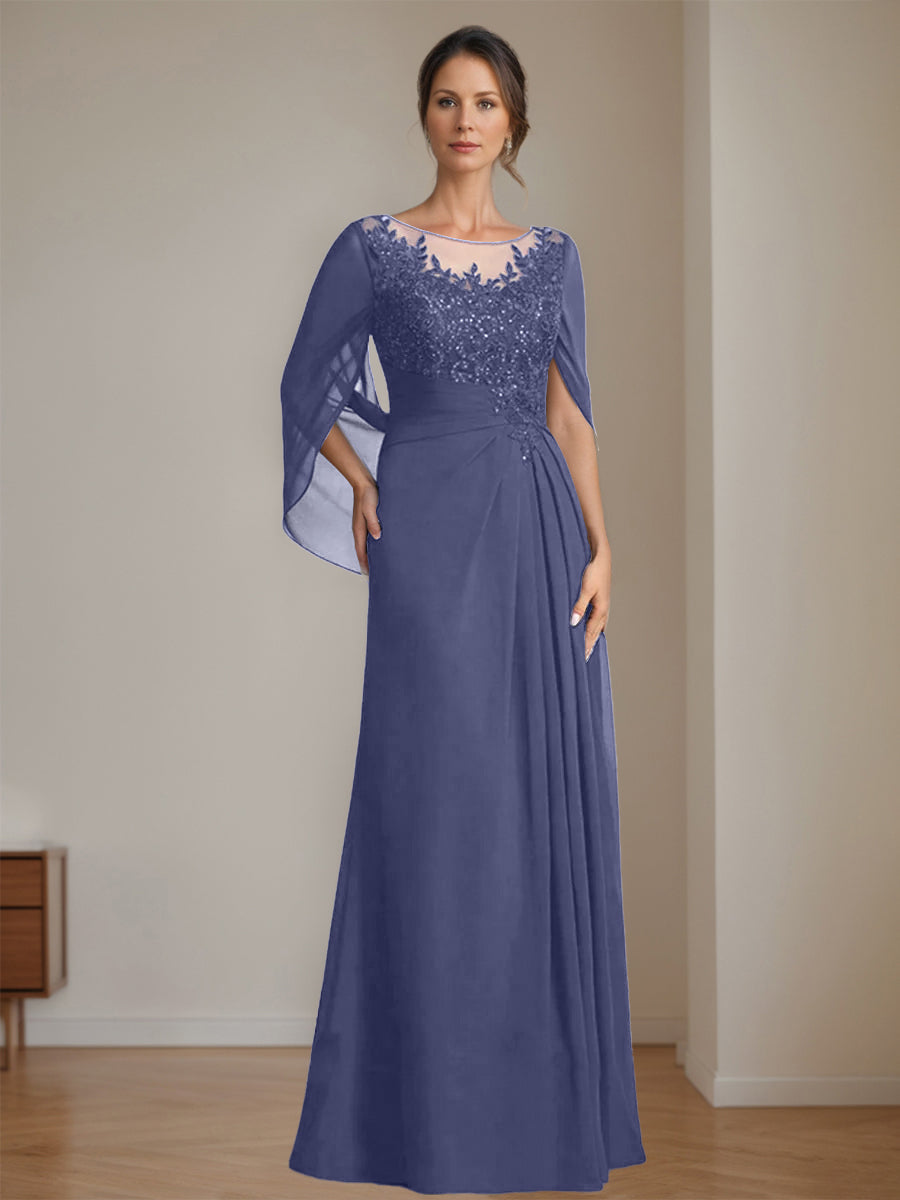 Long A Line Mother of the Bride Dress with Scoop Neckline Pleated & Sequins