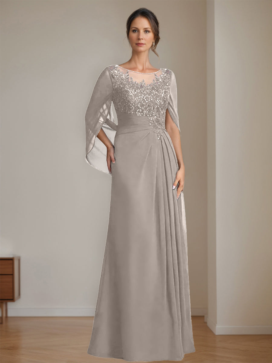 Long A Line Mother of the Bride Dress with Scoop Neckline Pleated & Sequins