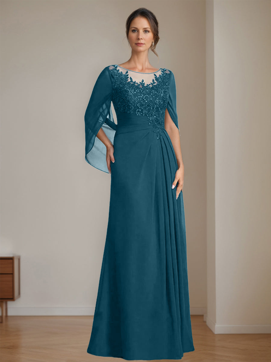 Long A Line Mother of the Bride Dress with Scoop Neckline Pleated & Sequins