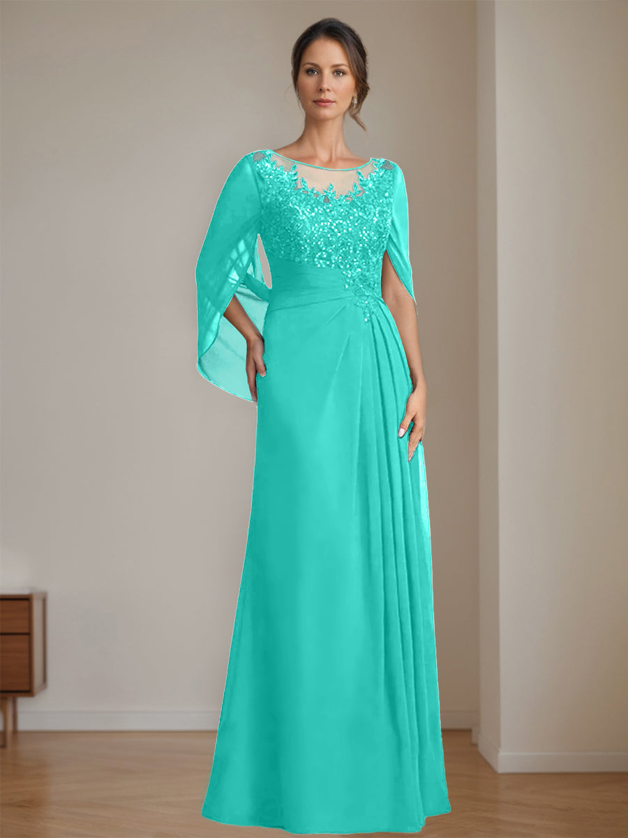 Long A Line Mother of the Bride Dress with Scoop Neckline Pleated & Sequins