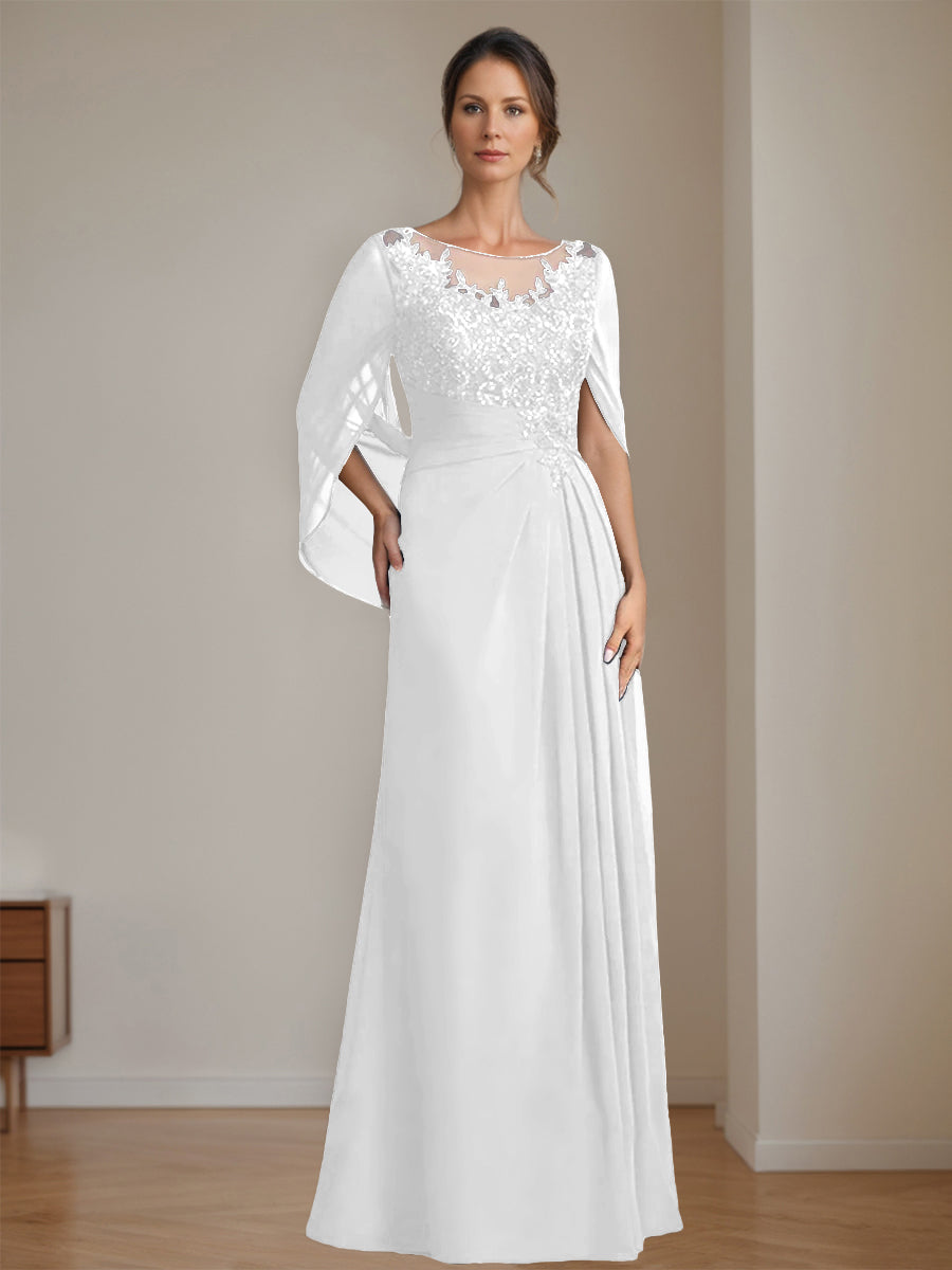 Long A Line Mother of the Bride Dress with Scoop Neckline Pleated & Sequins