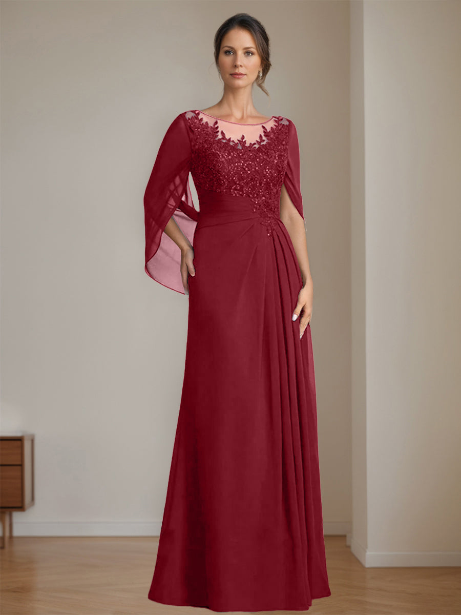 Long A Line Mother of the Bride Dress with Scoop Neckline Pleated & Sequins