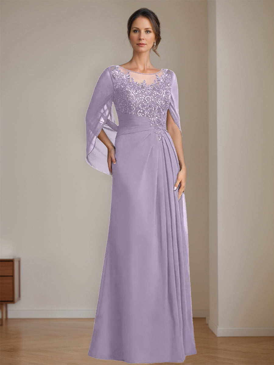 Long A Line Mother of the Bride Dress with Scoop Neckline Pleated & Sequins