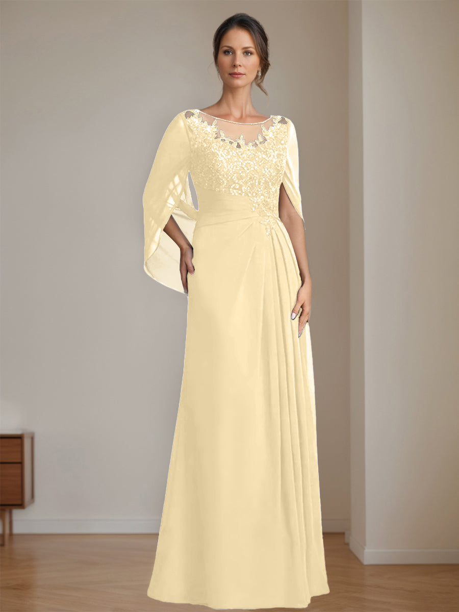 Long A Line Mother of the Bride Dress with Scoop Neckline Pleated & Sequins