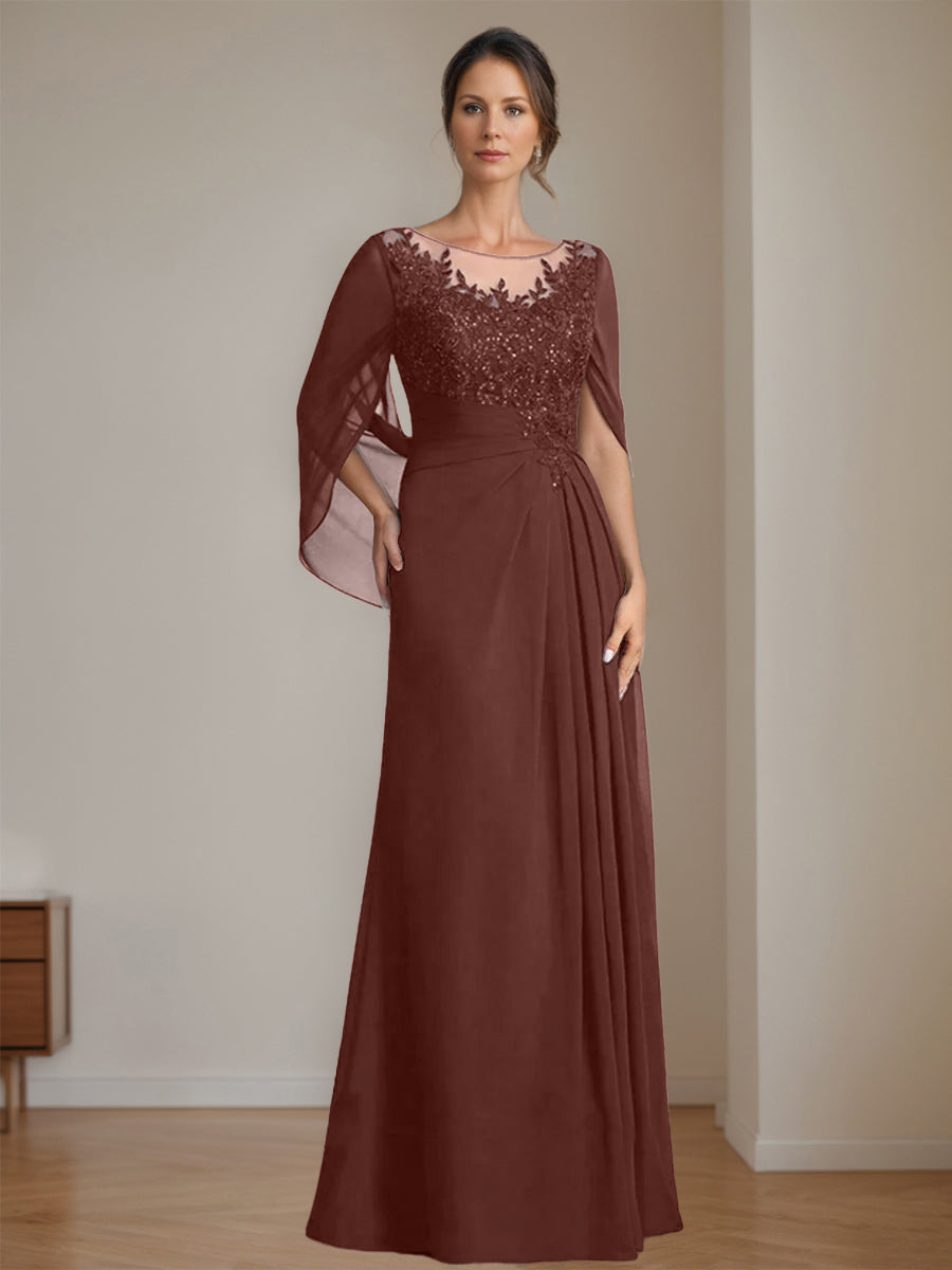 Long A Line Mother of the Bride Dress with Scoop Neckline Pleated & Sequins
