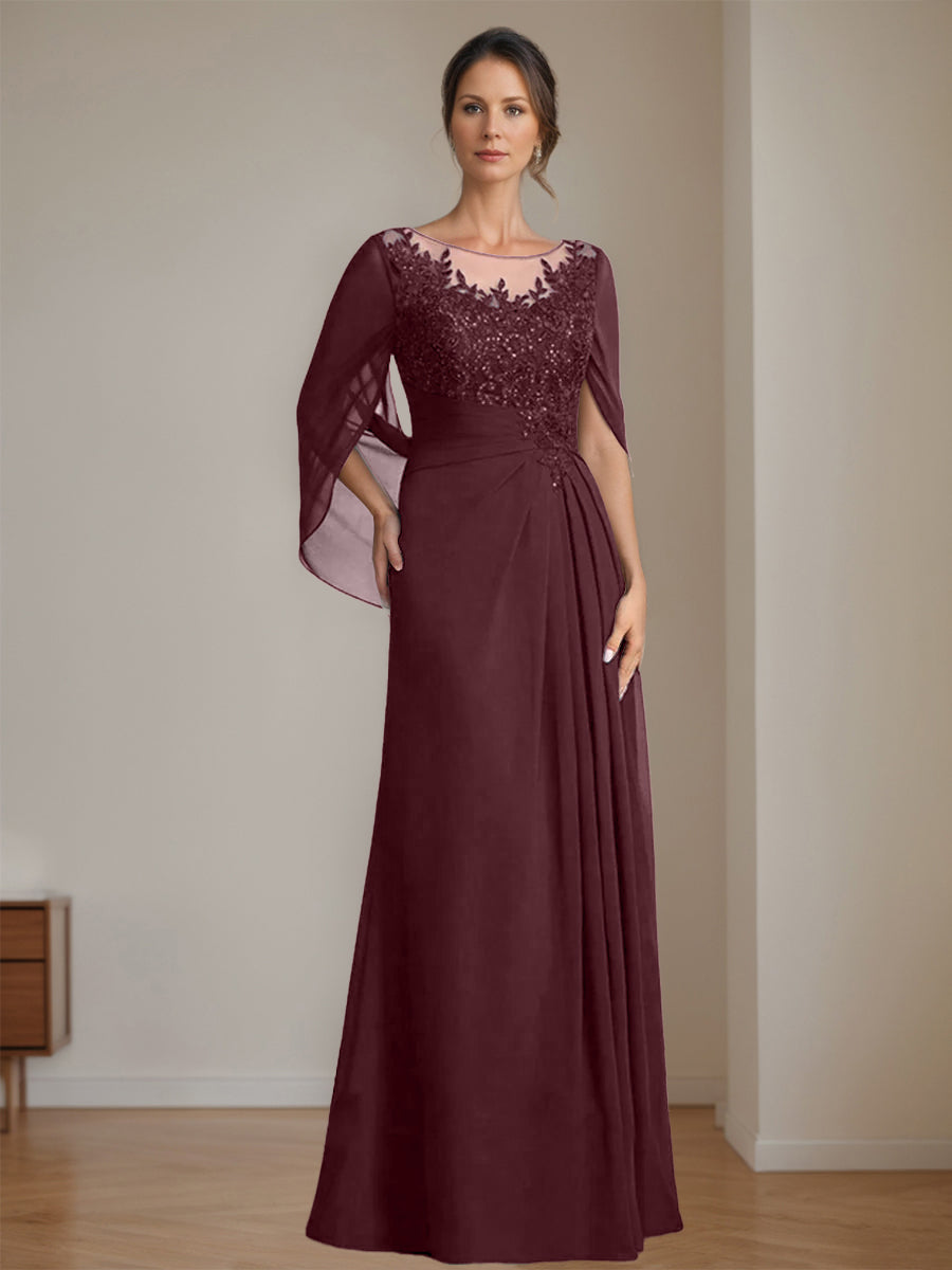 Long A Line Mother of the Bride Dress with Scoop Neckline Pleated & Sequins