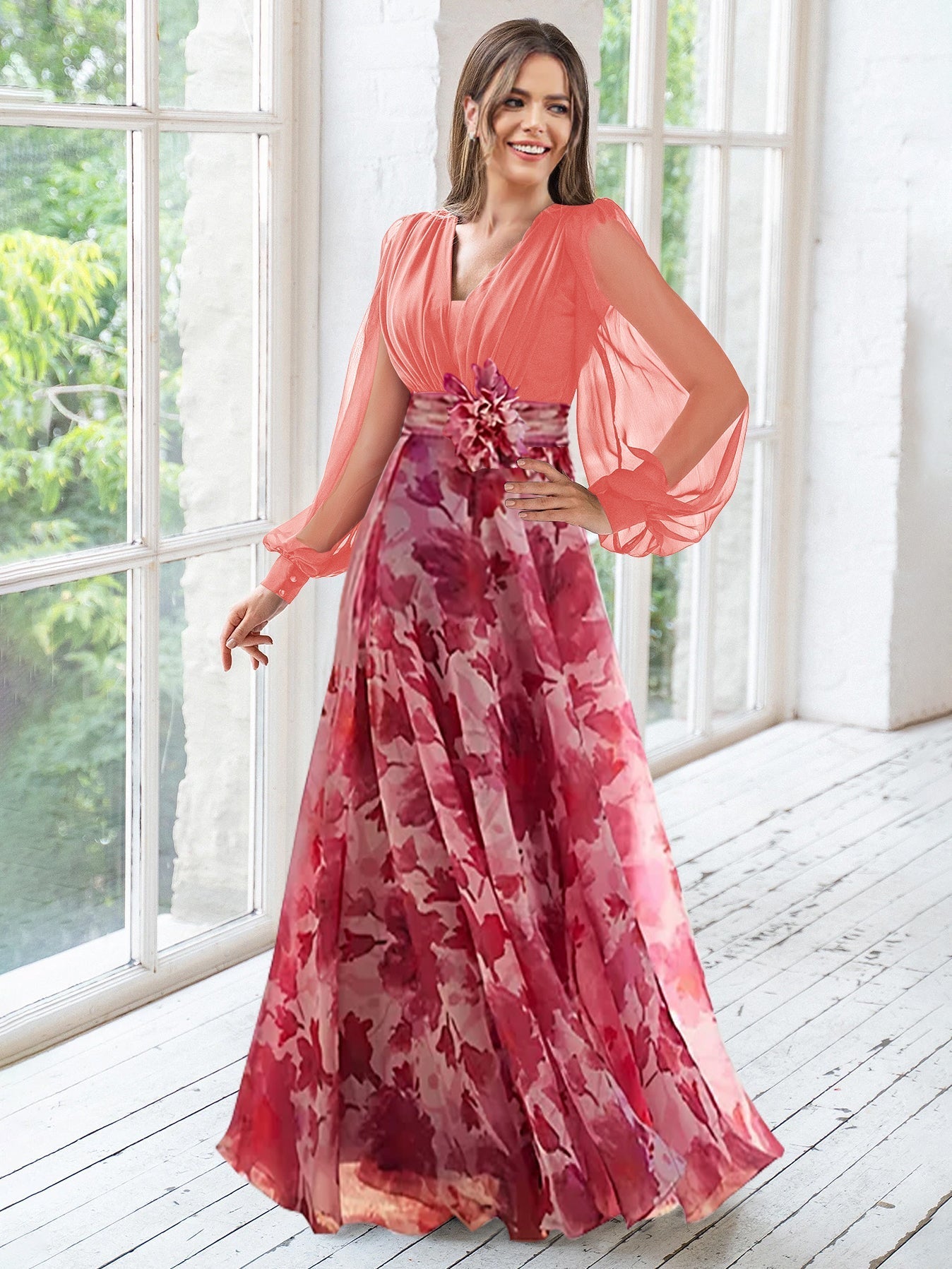 Long Floral Mother of the Bride V Neck A Line Dress With Long Sleeves and Flower