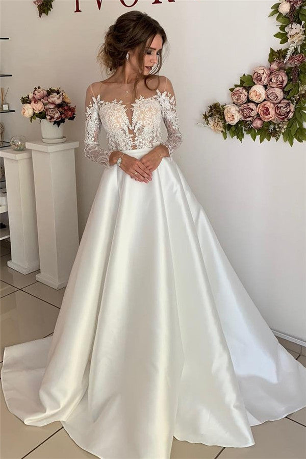 Floor-Length Lace A-line Attractive Long-Sleeves Wedding Dresses