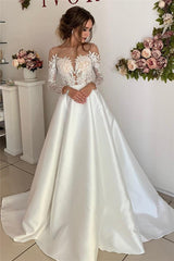 Floor-Length Lace A-line Attractive Long-Sleeves Wedding Dresses