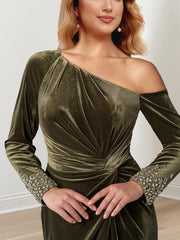 Long Mother of the Bride A Line Dress with Beaded Cuffs and Asymmetrical Neckline