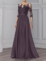 Long Mother of the Bride A Line Dress with Jewel Neck and 3/4 Sleeves